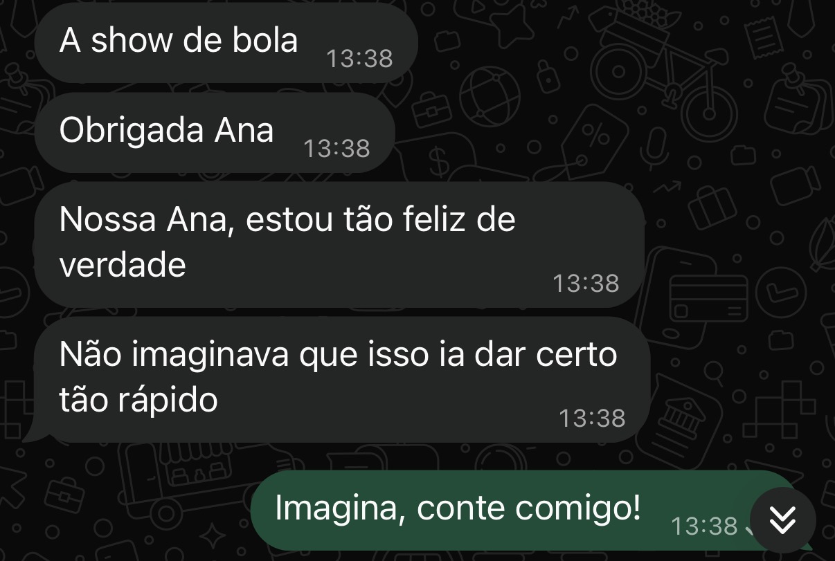 Mensagem de Patrícia celebrando o resultado da mentoria
